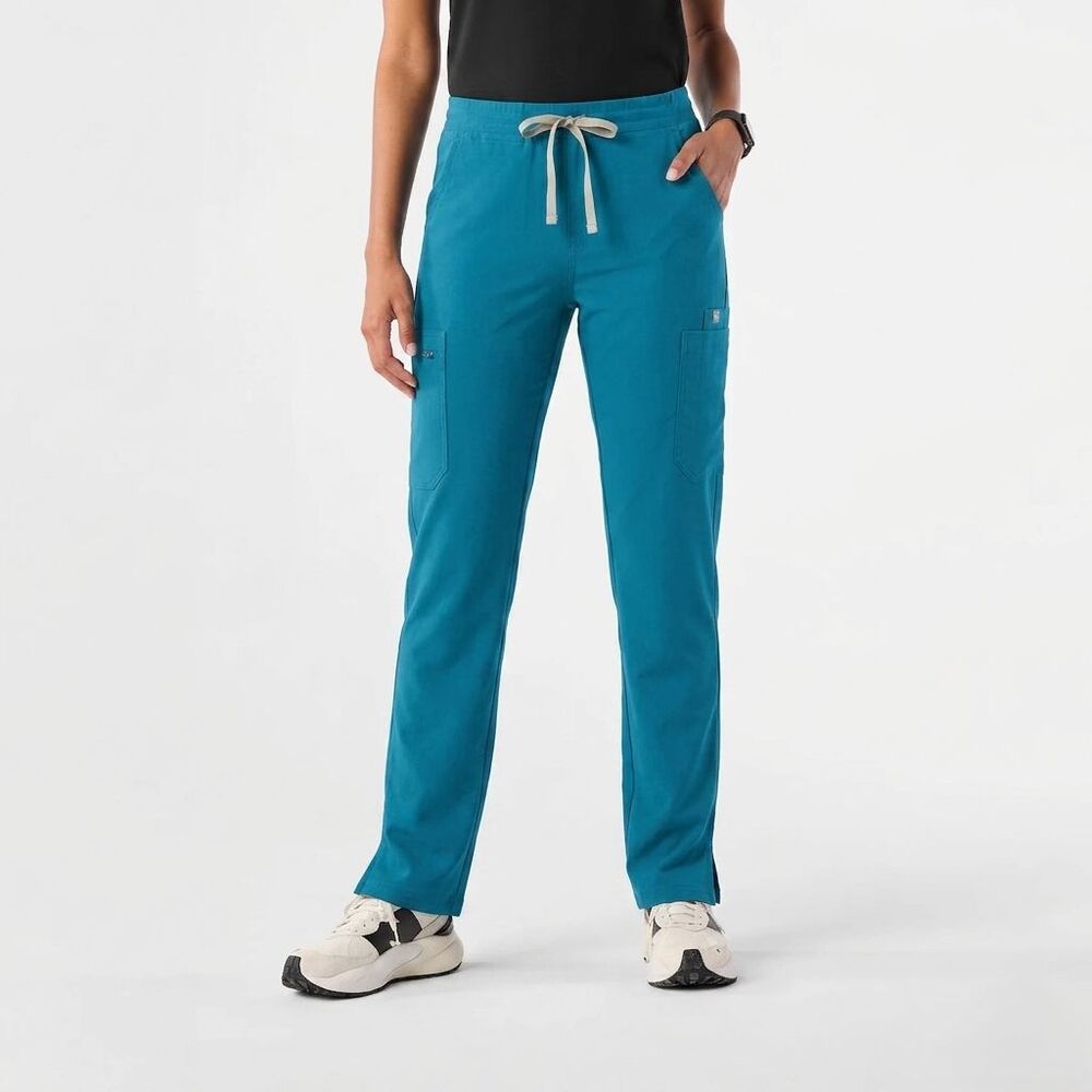 Figs Yola Elastic Waistband Skinny Cargo Scrub Pants Womens XS Teal PO 1546